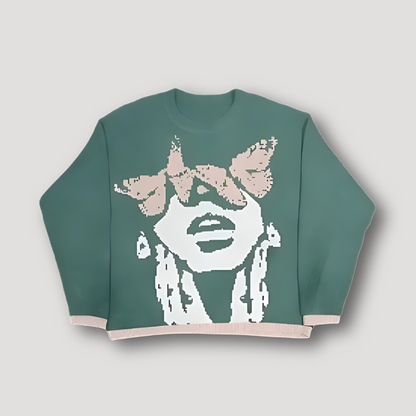 Butterfly Portrait Oversized Knit Sweater Green