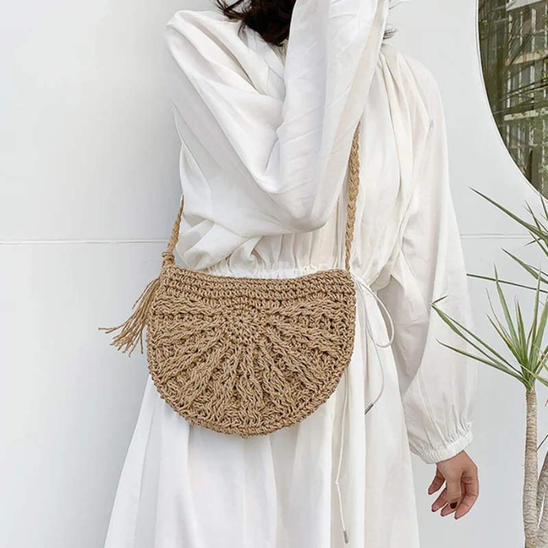 Handmade Straw Woven Boho Raffia Crescent Shoulder Bag