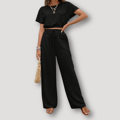 Elastic Hem Crop Top And High Waisted Pants Summer Outfits Women