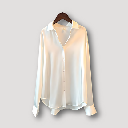 Solid Button Up Long Sleeve Silk Women's Satin Blouse