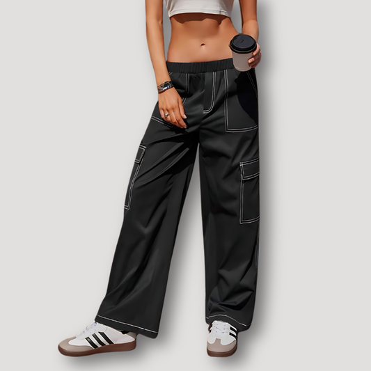 Contrast Stitching Wide Straight Leg Black Cargo Pants Women