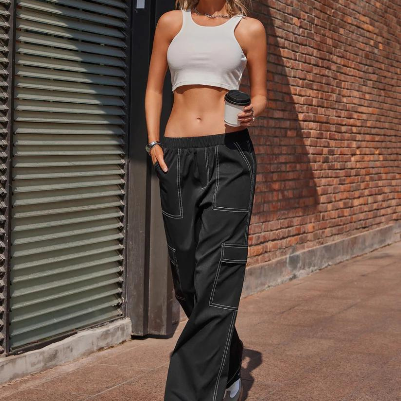 Contrast Stitching Wide Straight Leg Black Cargo Pants Women