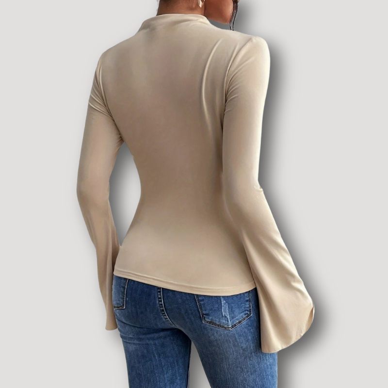 Casual Ruched Mock Neck Slim Fitted Flared Long Sleeve Top for Women