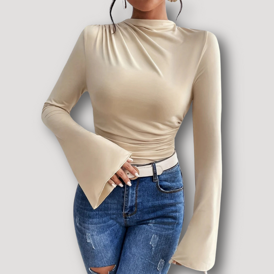 Casual Ruched Mock Neck Slim Fitted Flared Long Sleeve Top for Women