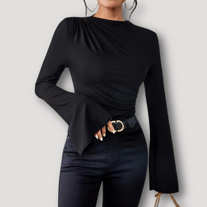 Casual Ruched Mock Neck Slim Fitted Flared Long Sleeve Top for Women