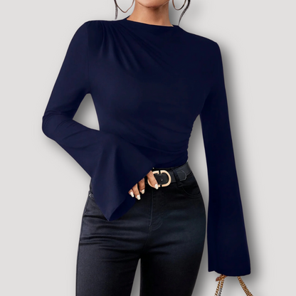 Casual Ruched Mock Neck Slim Fitted Flared Long Sleeve Top for Women