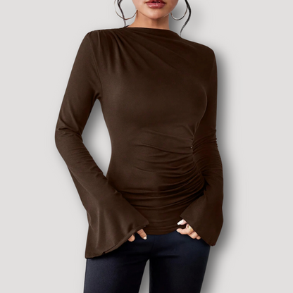 Casual Ruched Mock Neck Slim Fitted Flared Long Sleeve Top for Women