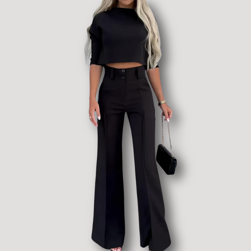 Half Sleeve Flowy Crop Top High Waisted Flared Pants Matching Set