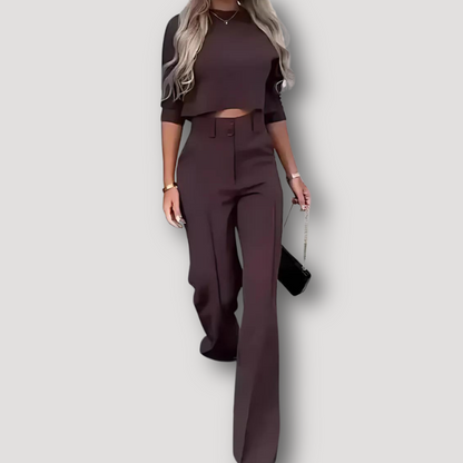 Half Sleeve Flowy Crop Top High Waisted Flared Pants Matching Set