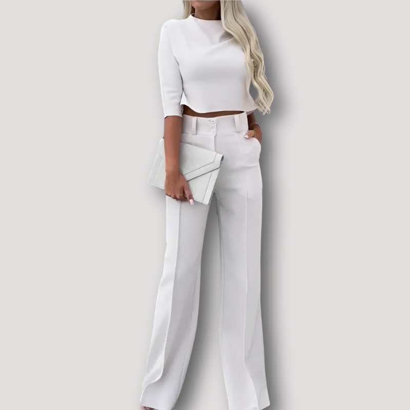 Half Sleeve Flowy Crop Top High Waisted Flared Pants Matching Set