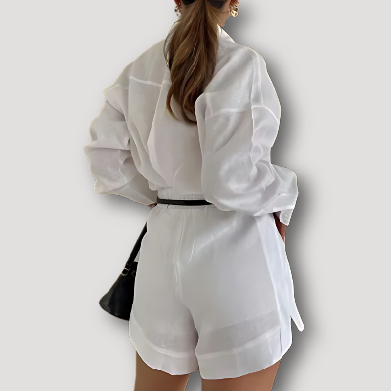 Long Sleeve Button Up Shirt High Waisted Shorts Two Piece Summer Set