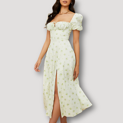 Floral Puffed Short Sleeve High Slit Summer Maxi Dress Australia