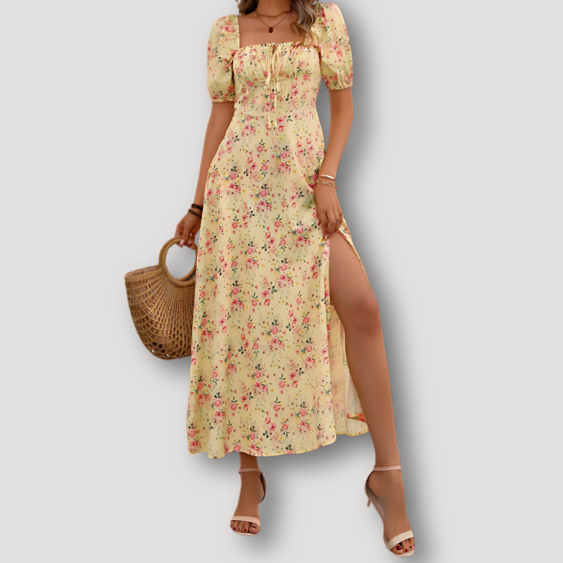 Floral Puffed Short Sleeve High Slit Summer Maxi Dress Australia