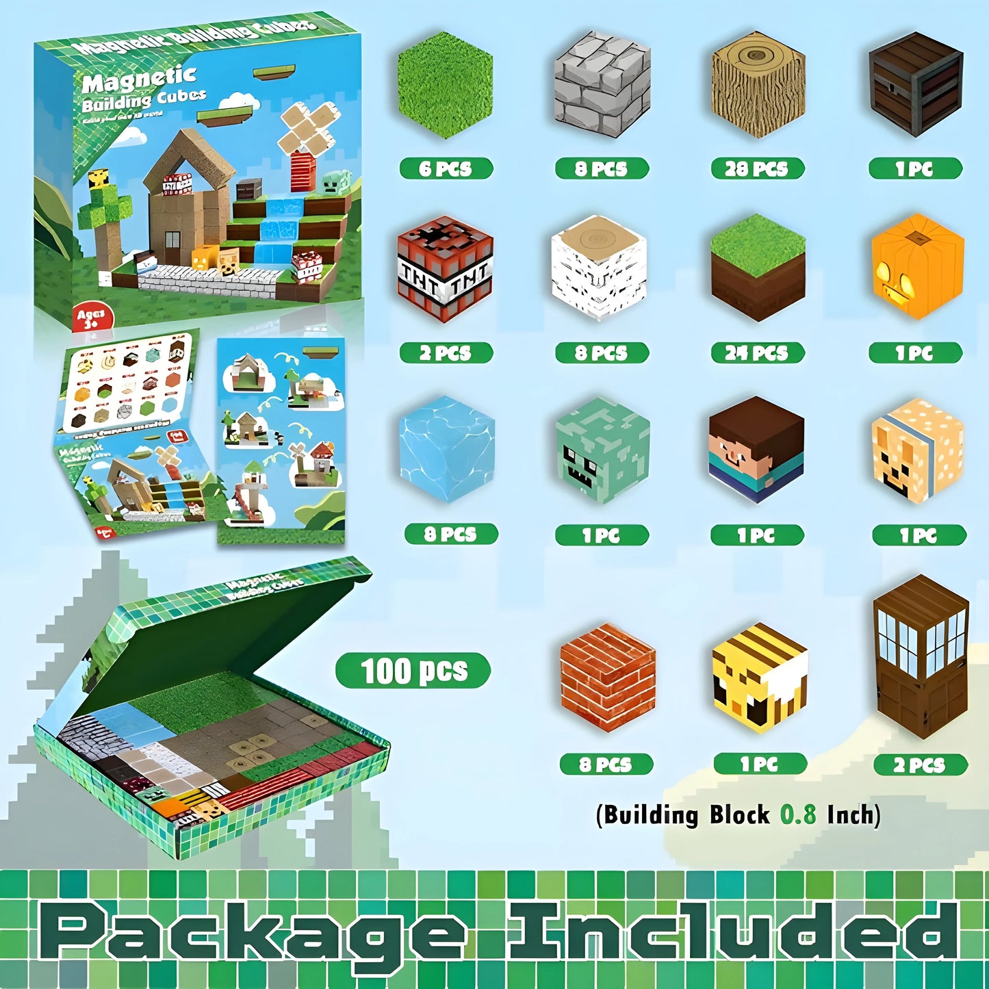 Minecraft Magnetic Building Blocks – 100 pcs – Magnetic blocks – Children's toys 3+