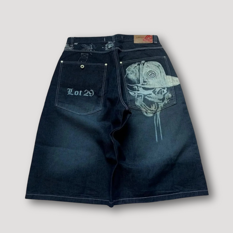 Lot 29 Skull Cap Graphic Print Baggy Denim Shorts for Men