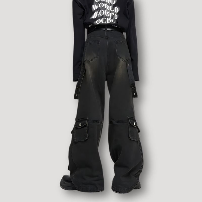 Black Washed Denim Jeans Cargo Baggy Pants