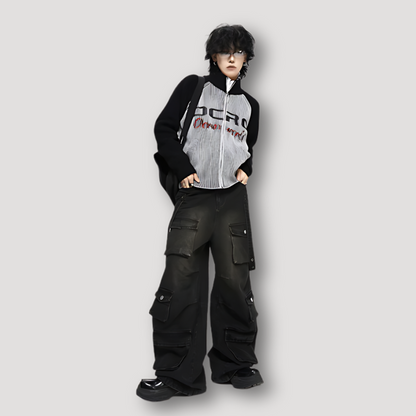 Black Washed Denim Jeans Cargo Baggy Pants