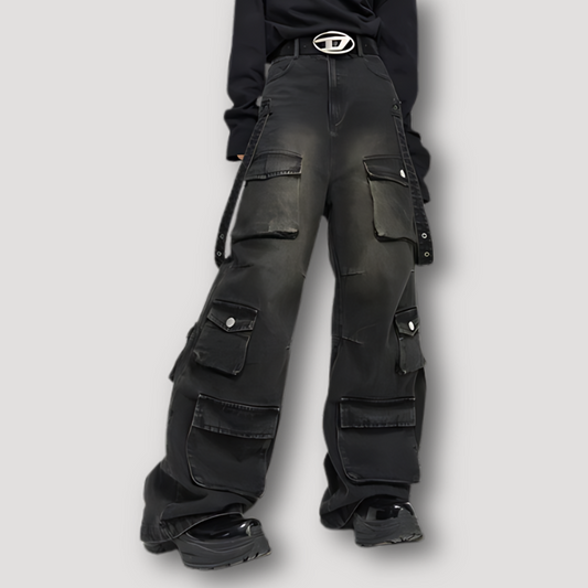 Black Washed Denim Jeans Cargo Baggy Pants