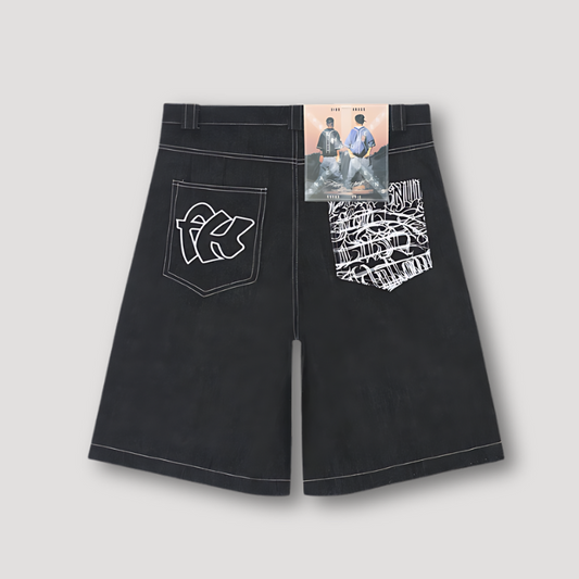 FK Graffiti Letters Contrast Stitch Baggy Denim Shorts